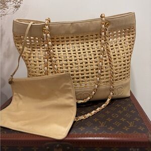 Authentic CHANEL Triple Coco Lambskin Straw Tote Beige